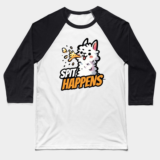 Spit Happens Alpaca Llama Baseball T-Shirt by DoodleDashDesigns